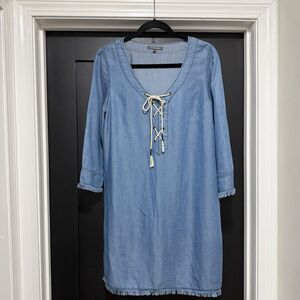 Michael Stars Shift Dress Womens Sz S Blue Chambray Lace Up 3/4 Sleeve Raw Edge